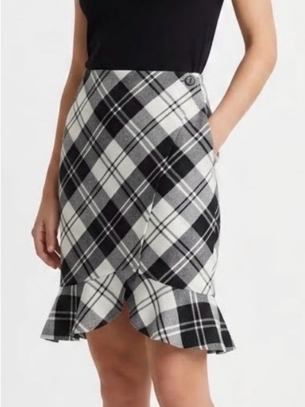 Intermix Wool Blend Plaid Wrap Mini Skirt Frill Flounce Hem Size S Modern Prep